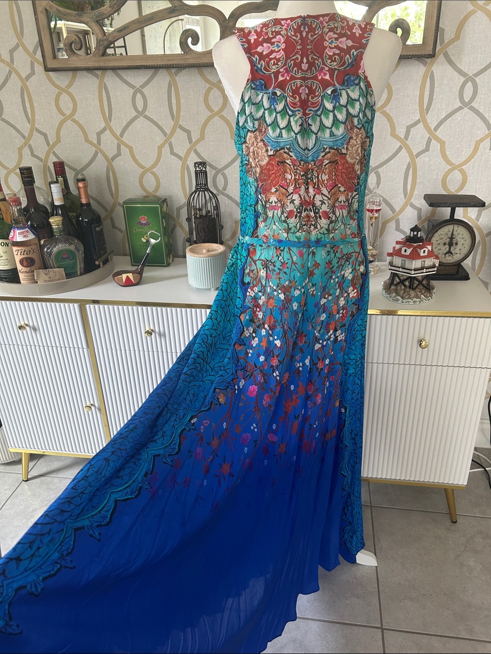 GOTTEX Silk Blue Multicolor Maxi cover up/dress with Floral & Feather Motif - Picture 6 of 12